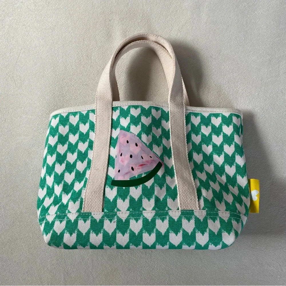 Kerri Rosenthal Green Canvas Tote with White Heart Pattern